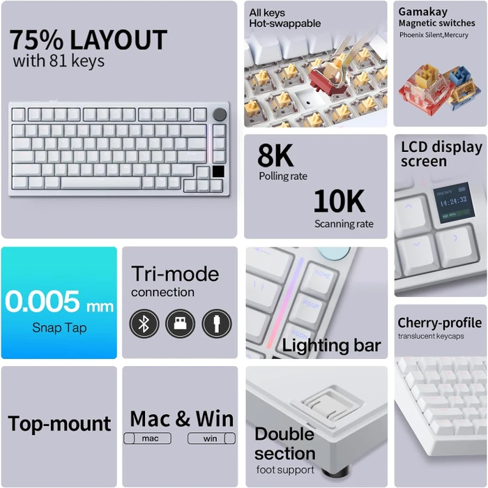 Gamakay TK75HE V2 Hall Effect, 75%, PBT, LEDs RGB, Magnetic Mercury, USB/Bluetooth, UK