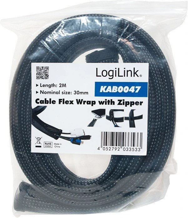 LogiLink Flexibler Kabelschutz Kabelmanagement mit Reißverschluss, 20mm, 2m, schwarz