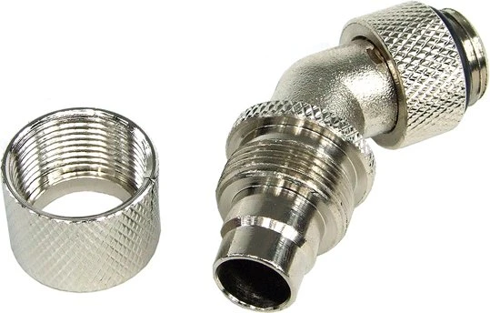 Aquatuning HF Schlauchanschluss 45°, G1/4" AG auf 13/10 drehbar, silber vernickelt