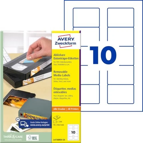 Avery-Zweckform Etiketten für Speichermedien, 70x50.8mm, ablösbar, weiß, 25 Blatt (250 Etiketten)