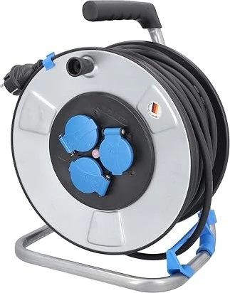 as-Schwabe IronCoat Metall-Kabeltrommel, Schuko auf 3x Schuko, 40m, IP44, H07RN-F 3G1,5