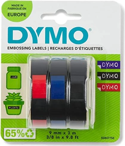 Dymo Beschriftungsband, 9mm, blau, rot, schwarz, 3er-Pack