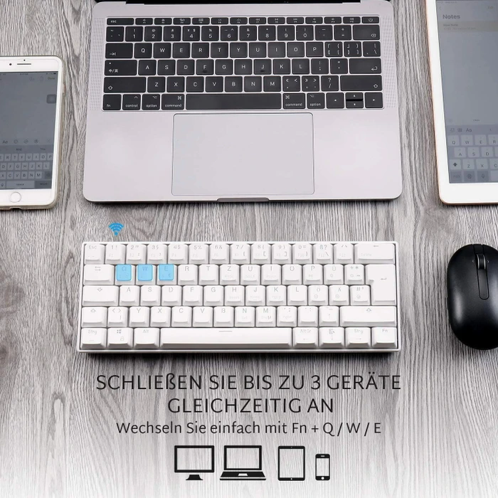 RK Royal Kludge RK61 60% Wireless, weiß, LEDs blau, Kailh BLUE, USB/Bluetooth, DE