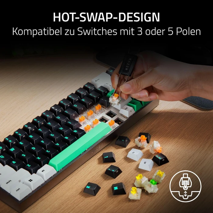 Razer Reclusa X Mini 65%, schwarz/weiß/grün, LEDs RGB, Razer ORANGE Tactile Gen-3, USB, DE