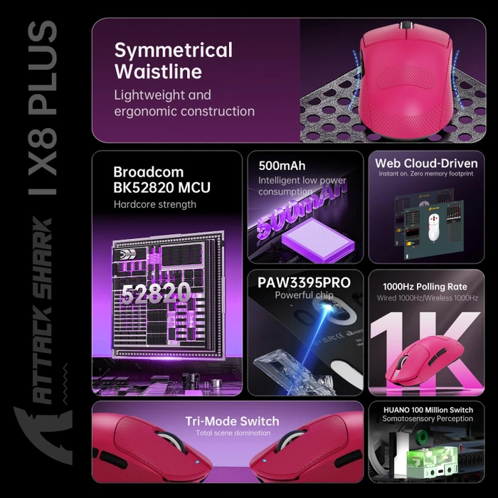 Attack Shark X8 Plus Tri-mode Wireless Gaming Mouse, Berry Red, inkl. Grip Tape, USB/Bluetooth