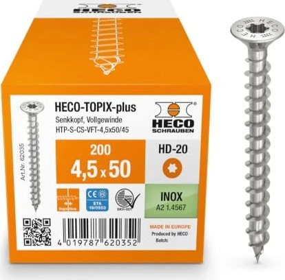 HECO TOPIX-plus Edelstahl A2 Torx T20 Holzschraube, 4.5x50mm, 200 Stück