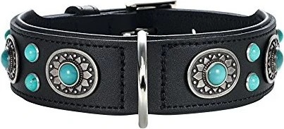 Hunter Sioux Hundehalsband, Leder, indianischer Stil, mit Schmucksteinen, 55 M, schwarz