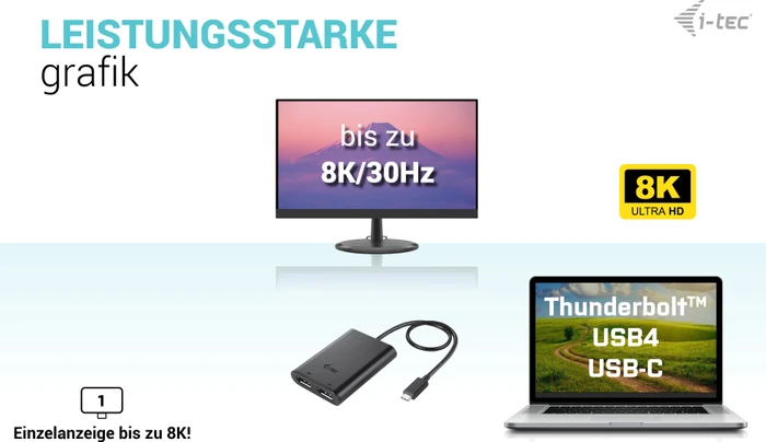 i-tec USB-C Dual 4K/60Hz (single 8K/30Hz) DP Video Adapter, USB-C 3.0 [Stecker]