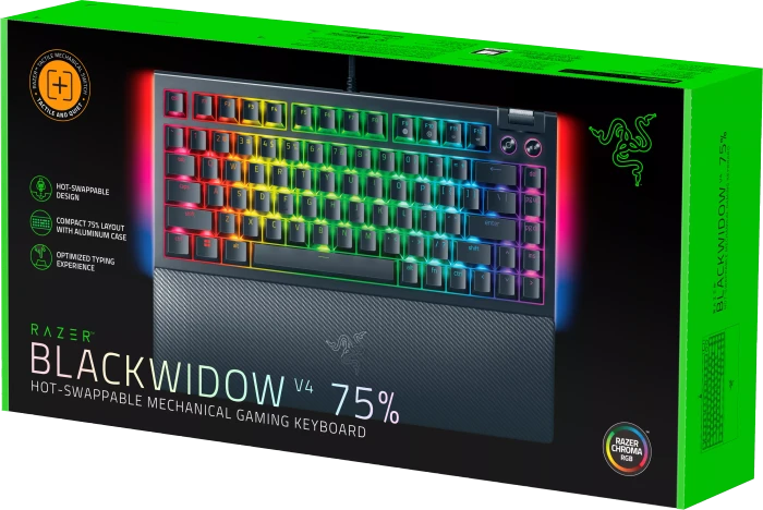 Razer BlackWidow V4 75%, hot-swap, Razer ORANGE Tactile Gen-3, USB, US
