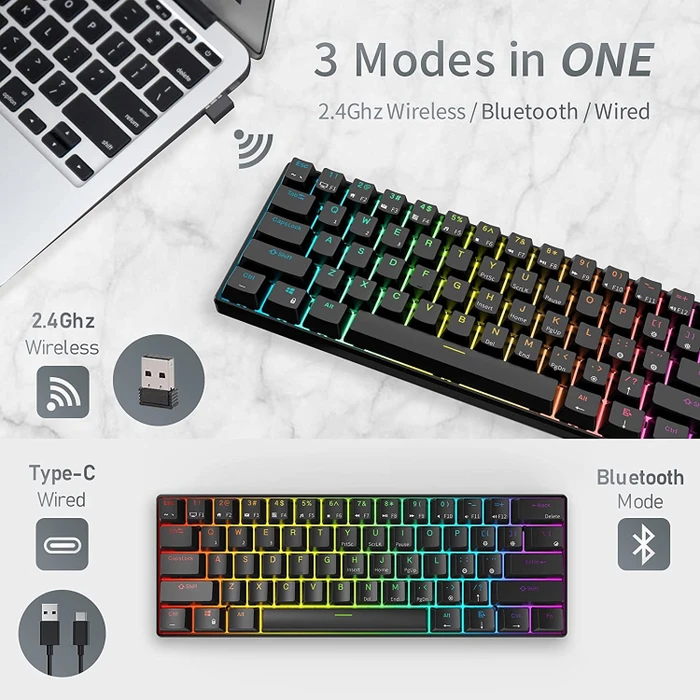 RK Royal Kludge RK61 60% Wireless, schwarz, LEDs RGB, hot-swap, RK RED, USB/Bluetooth, US