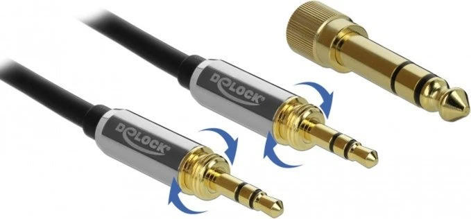 DeLOCK 3.5mm Klinke 3-Pin [Stecker] auf 3.5mm 3-Pin Klinke [Stecker], mit 2x Schraubadapter auf 6.35mm, schwarz 5m