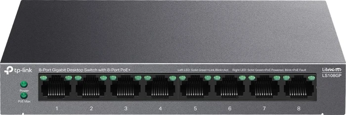 TP-Link LS100 LiteWave Desktop Gigabit Switch, 8x RJ-45, 62W PoE+