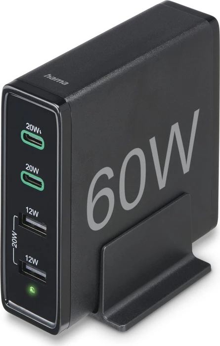 Hama Schnellladegerät 4 Ports 2x USB-C PD/QC 2x USB-A 60W schwarz