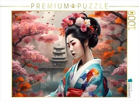Calvendo Geisha im Frühling mit Tempel im Hintergrund