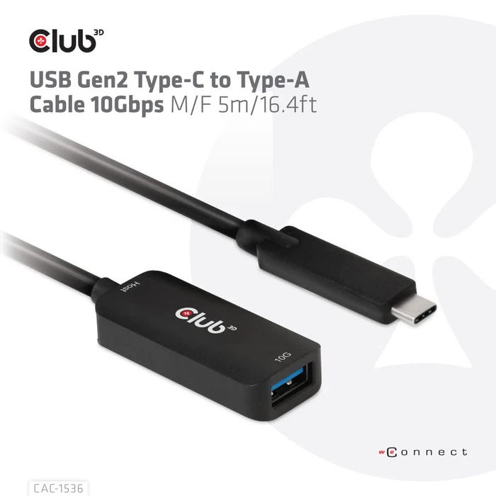 Club 3D USB-C 3.1 Kabel, aktiv, 10Gb/s, USB-C 3.1 Stecker auf USB-A 3.1 Buchse, 5m