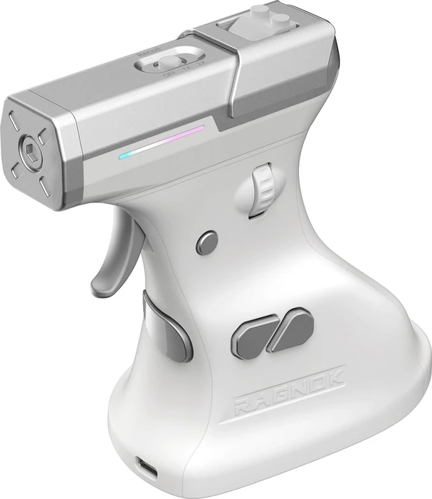 Ragnok ErgoStrike7 Wireless Gun Mouse mit Rückstoß-Funktion, vertikal, weiß/silber, USB/Bluetooth