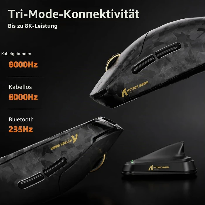 Attack Shark RS3 ULTRA Carbon Fiber 8KHz Wireless, Forged Black, inkl. C06 Ultra LED Kabel, USB/Bluetooth