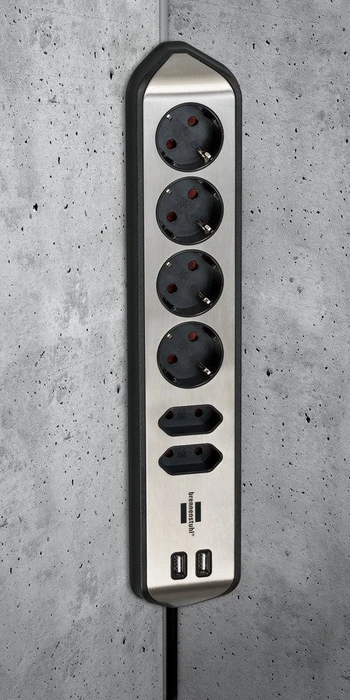 Brennenstuhl estilo Ecksteckdosenleiste, Tischsteckdose, 6-fach, 2x USB-A, 2m, silber/schwarz