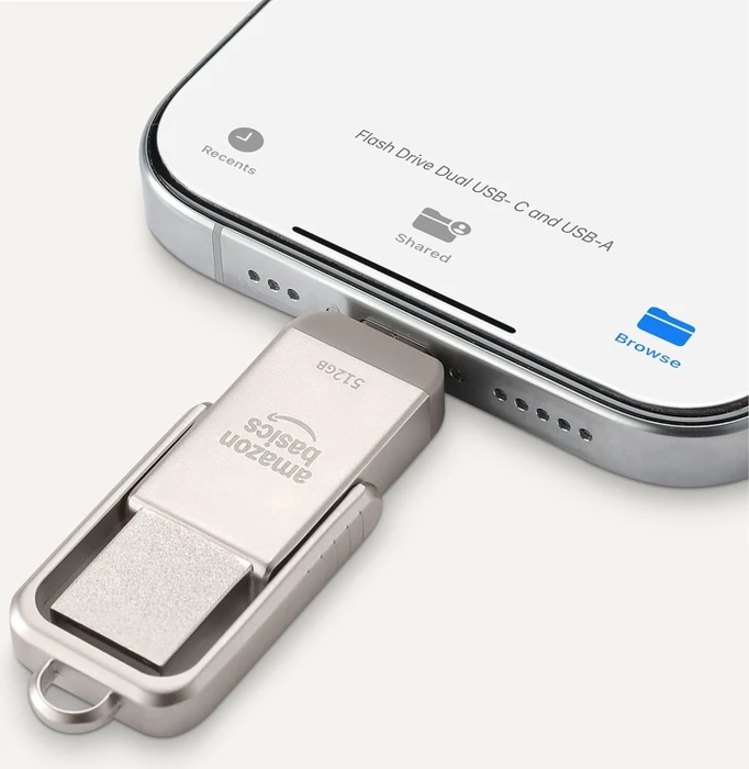 AmazonBasics Dual Thumb Drive Memory Stick 512GB Champagner-Silber, USB-A + USB-C, USB 3.2 Gen 1×1