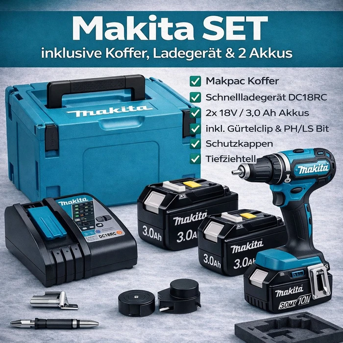 Makita DHP482RFJW Akku-Schlagbohrschrauber inkl. MAKPAC + 2 Akkus 3.0Ah