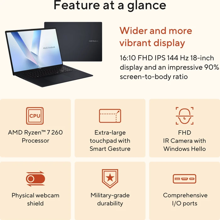 ASUS VivoBook 18 M1807HA-S8132W, Quiet Blue, Ryzen 7 260, 16GB RAM, 1TB SSD, DE