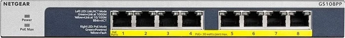 Netgear ProSAFE GS100 Desktop Gigabit Switch, 8x RJ-45, 123W PoE+