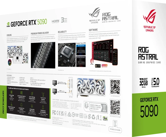 ASUS ROG Astral GeForce RTX 5090 White, ROG-ASTRAL-RTX5090-32G-WHITE, 32GB GDDR7, 2x HDMI, 3x DP