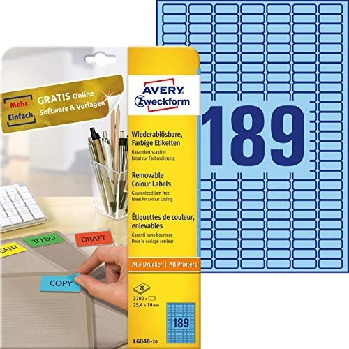 Avery-Zweckform Ordneretiketten, 25.4x10mm, ablösbar, blau, 20 Blatt (3780 Etiketten)