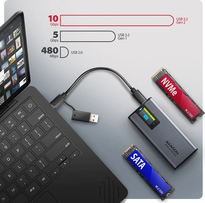 Axagon M.2 Festplattengehäuse, M.2 PCIe, Display Box, USB-C 3.1