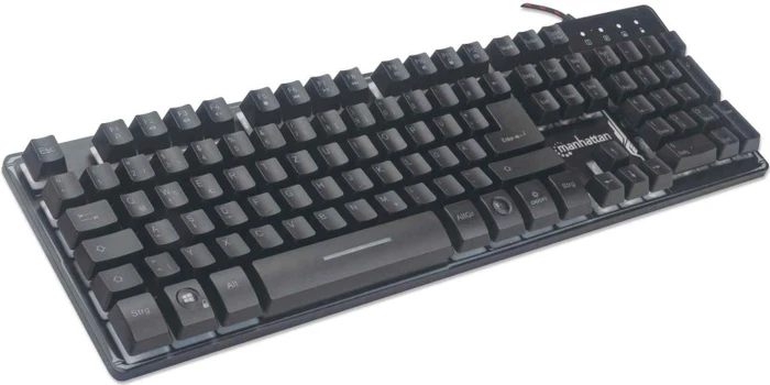 Manhattan Gaming-Tastatur mit Metallunterseite, LEDs RGB, schwarz, USB, DE