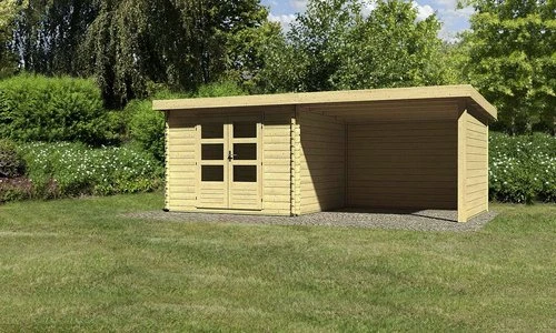 Karibu Bastrup 5 Gartenhaus inkl. Anbau 3m + Rück- und Seitenwand natur