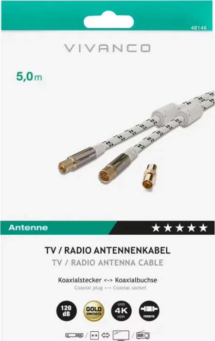 Vivanco Antennen-Kabel mit Nylonummantelung, Koax-Stecker - Koax-Kupplung, 120dB, 5m, weiß