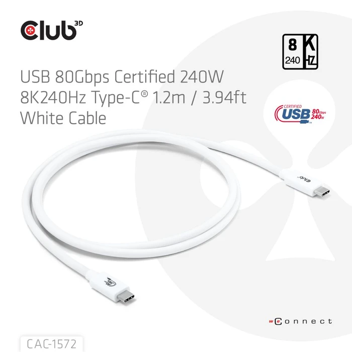 Club 3D USB-C Kabel, USB4 Gen4x2, 80Gb/s, 8K240Hz, 240W PD EPR, USB-C Stecker auf USB-C Stecker, 1.2m, weiß