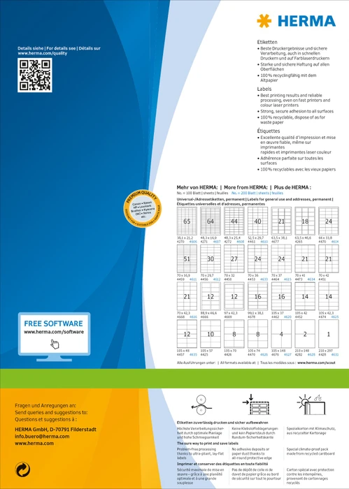 Herma Etiketten Premium, 70x41mm, weiß, matt, 200 Blatt (4200 Etiketten)