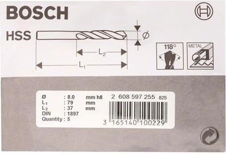 Bosch Professional HSS-R Karosseriebohrer, 8x37x79mm, 5 Stück