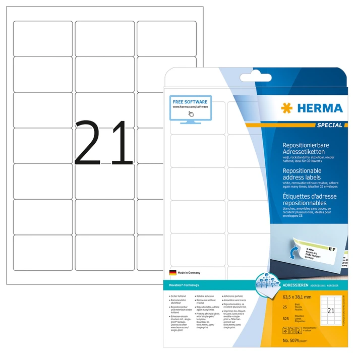 Herma Etiketten Premium, 63.5x38.1mm, ablösbar, weiß, matt, 25 Blatt (525 Etiketten)