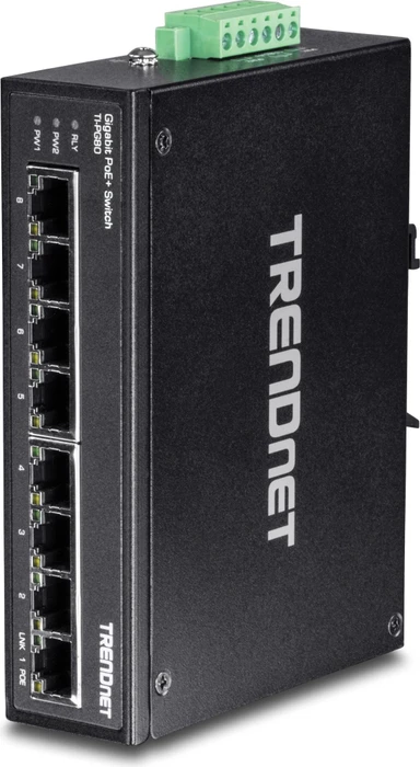 TRENDnet TI Hardened Industrial Railmount Gigabit Switch, 8x RJ-45, 200W PoE+