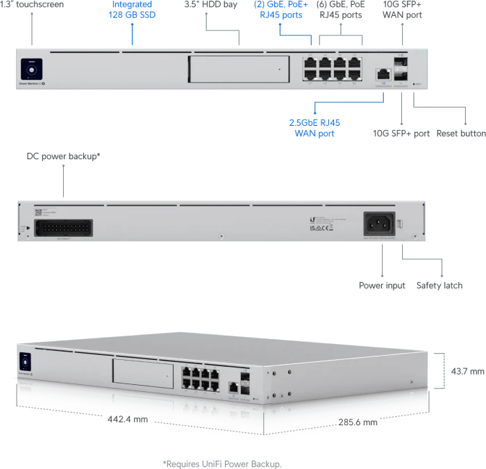 Ubiquiti UniFi Dream Machine SE Rackmount Gigabit Router, 9x RJ-45, 2x SFP+, 130W PoE+