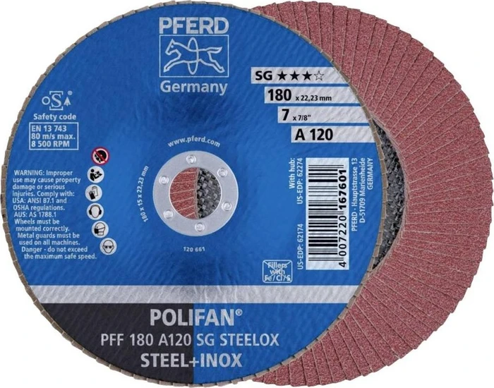 Pferd PFF 180 A 120 SG STEELOX POLIFAN Fächerschleifscheibe K120, 180x22.23mm, 10 Stück