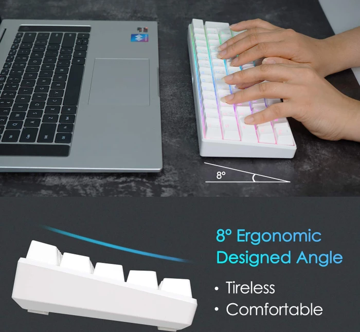 RK Royal Kludge RK61 60% Wireless, weiß, LEDs RGB, Gateron BLUE, USB/Bluetooth, DE