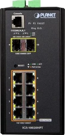 Planet IGS-10020HPT Industrial Railmount Gigabit Managed Switch, 8x RJ-45, 2x SFP, 270W PoE+
