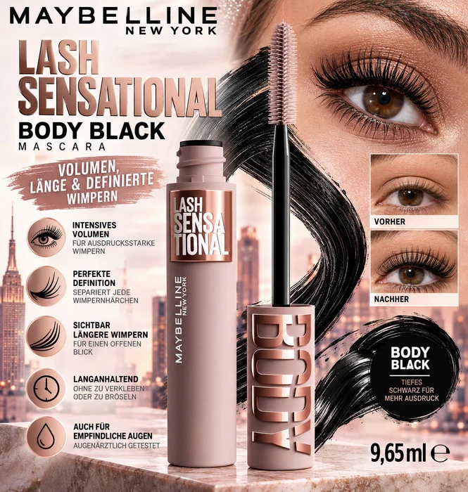 Maybelline Lash Sensational Body Mascara Washable Mascara very black, 9.75ml