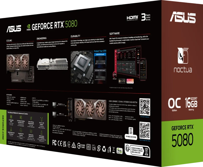 ASUS GeForce RTX 5080 Noctua OC Edition, RTX5080-O16G-NOCTUA, 16GB GDDR7, 2x HDMI, 3x DP