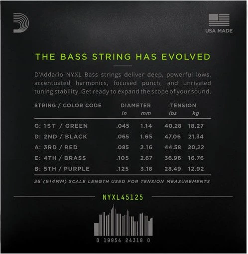 D'Addario NYXL 5-String Bass Light Top / Medium Bottom, Long Scale