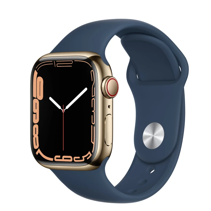 Apple Watch Series 7 (GPS + Cellular) 41mm Edelstahl gold mit Sportarmband abyssblau