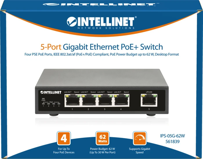 Intellinet Desktop Gigabit Switch, 5x RJ-45, 62W PoE+