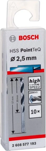 Bosch Professional HSS PointTeQ Spiralbohrer, 2.5x30x57mm, 10 Stück