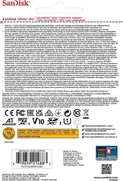 SanDisk Ultra Go R150 512GB Kit, UHS-I U1, A1, Class 10