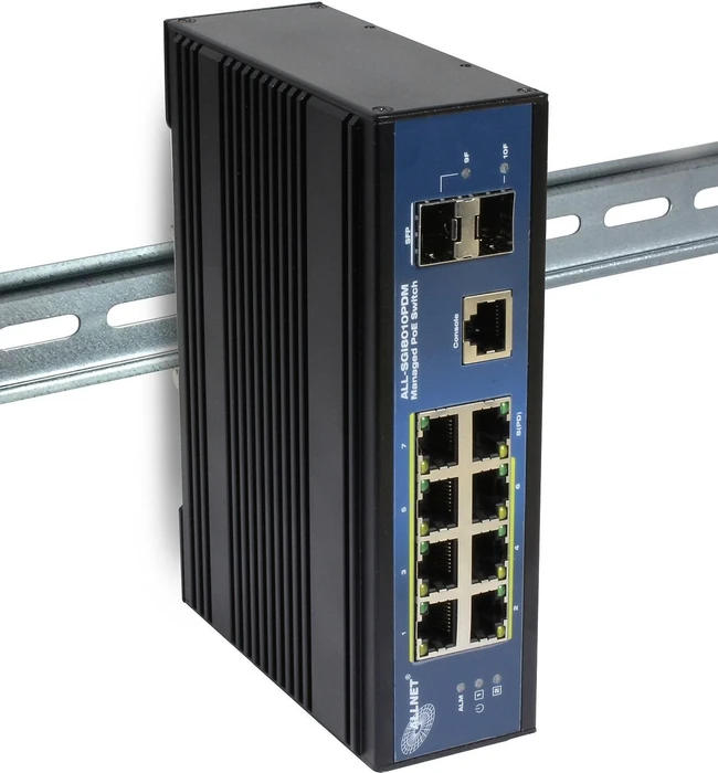 Allnet SGI Industrial Railmount Gigabit Managed Switch, 8x RJ-45, 4x SFP, 210W PoE++ PD