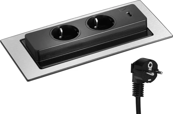 Schulte EVOLine BackFlip zum Einbau in Arbeitsplatten, 2-fach, 1x USB-A, 3m, edelstahl gebürstet